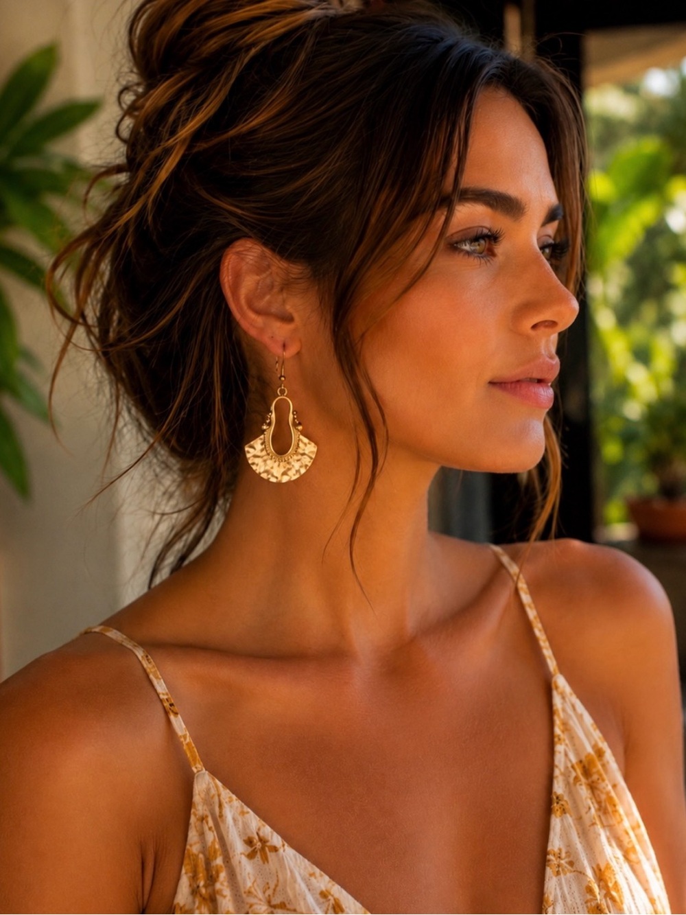 Hammered Gold Statement Earrings | Boho Fan Drop | Lightweight Summer Jewelry